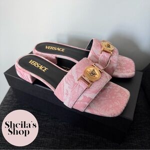 NIB Versace Medusa Jacquard Barocco Slide Sandals Baby Pink Women’s Size 38